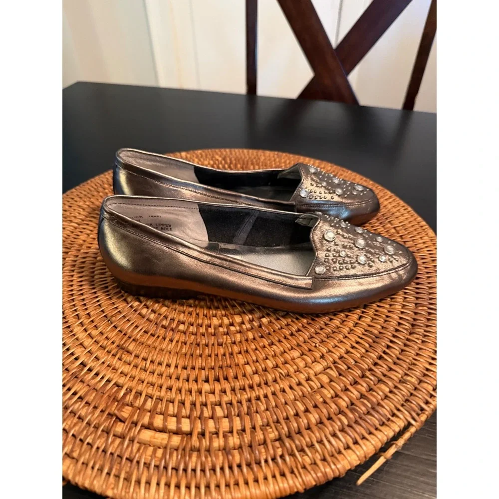 Sebastino Brock Womens 7.5 M Metallic Pewter Leather Rhinestone Studded Loafers